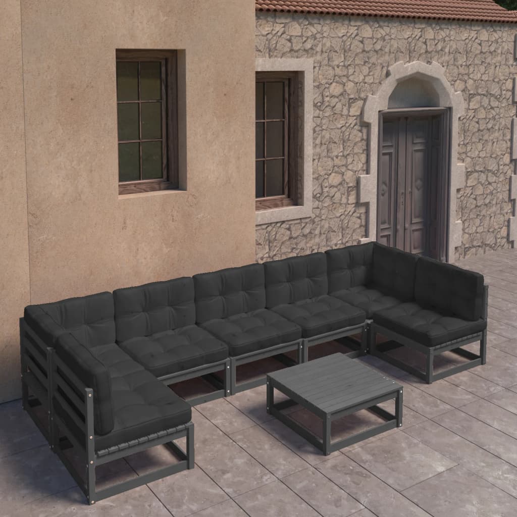 8-tlg. Garten-Lounge-Set mit Kissen Schwarz Kiefer Massivholz
